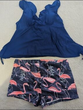 Navy Tankini Top & Flamingo Print Swim Shorts Set